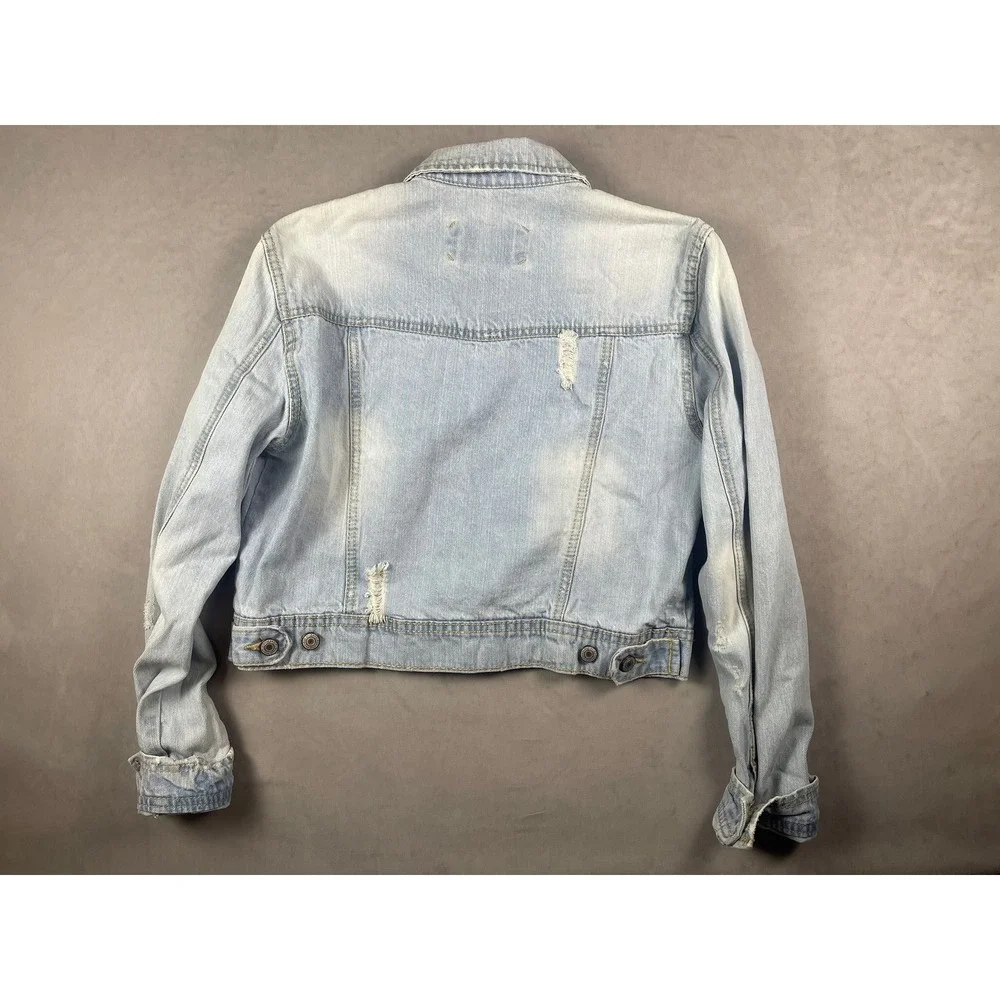 rue21 Kids XL Light Wash Distressed Cropped Denim Jacket Flannel Lined Blue‎